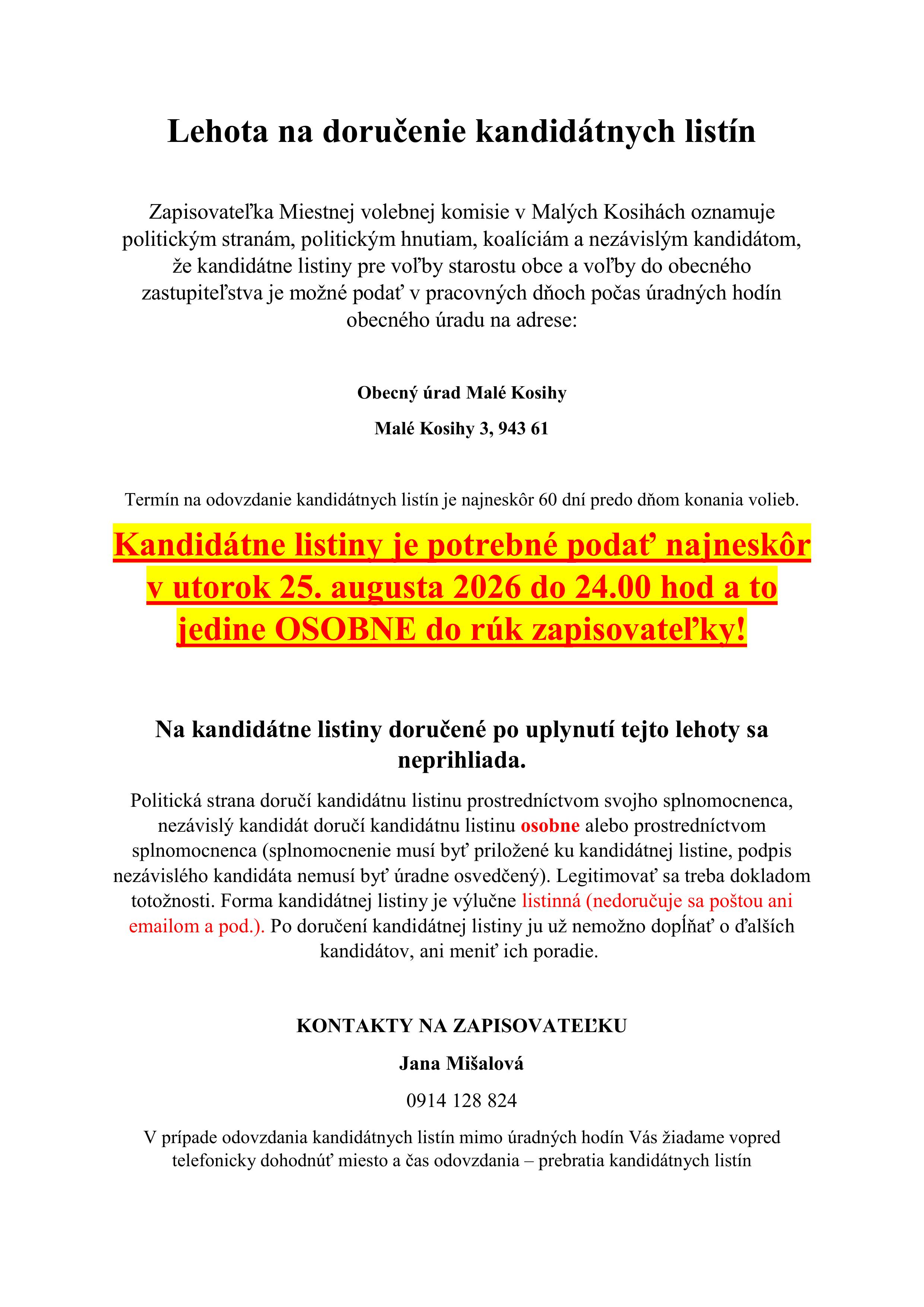 ❗ Lehota na doručenie kandidátnych listín / Dôležité oznámenie